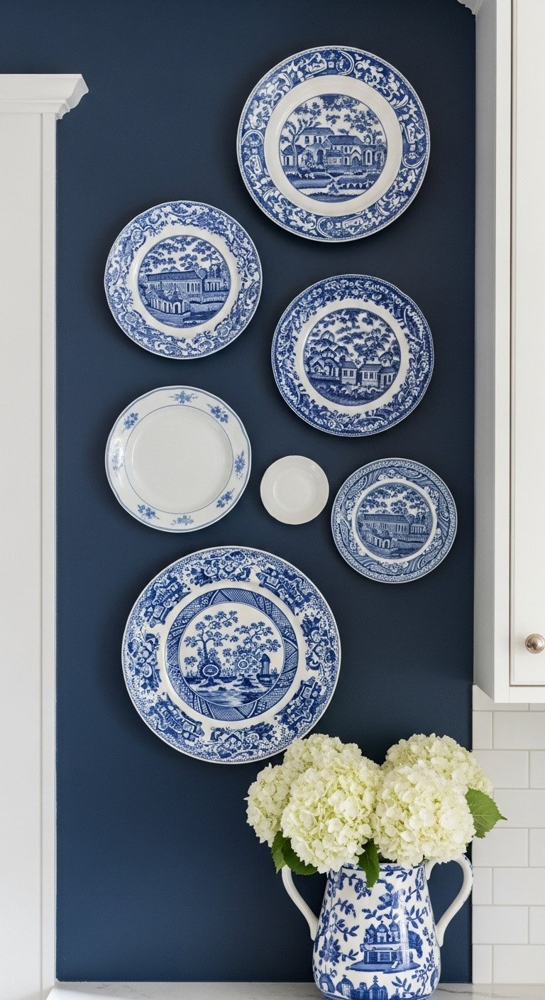 An artful cluster of blue-and-white chinoiserie and plain white ceramic plates arranged on a deep navy blue kitchen wall.