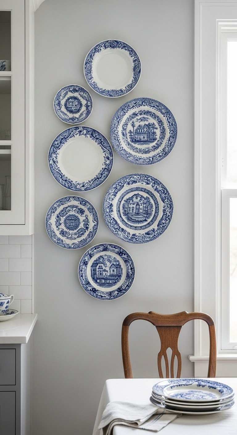 11 Traditional Kitchen Wall Decor Ideas To Get The Look Right 7 An asymmetrical cluster of antique-style blue and white ceramic plates hangs as decor on a light gray traditional kitchen wall.