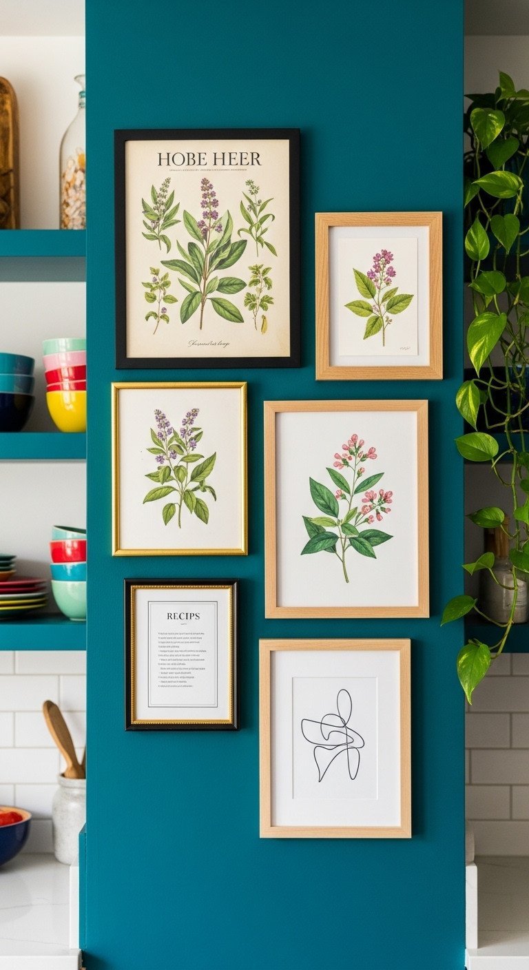An eclectic gallery wall of herb and botanical art in mixed frames hangs on a deep teal wall in a colorful kitchen.