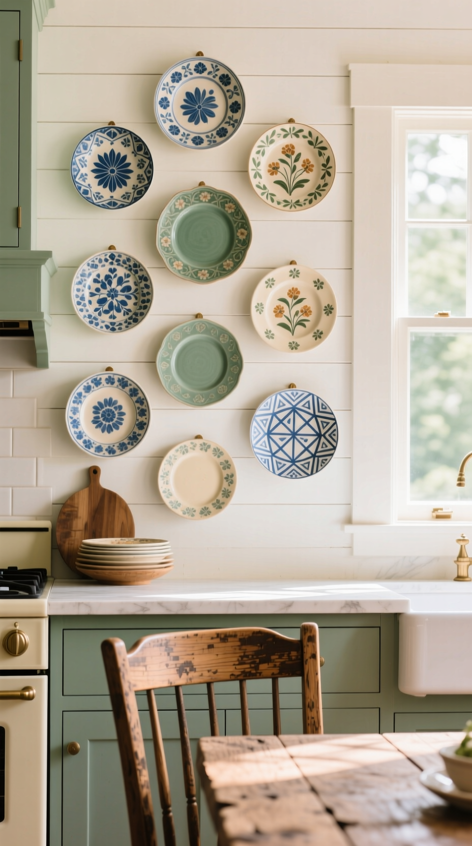 13 Genius Boho Kitchen Wall Decor Ideas You Can Style 15 An eclectic gallery wall of mismatched vintage ceramic plates with floral patterns on a creamy white shiplap kitchen wall.