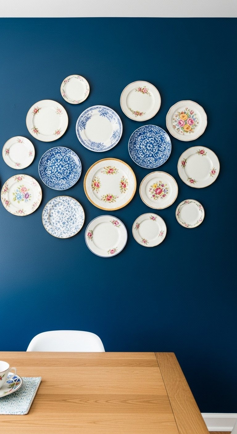 Brilliant Upcycled Kitchen Decor Ideas To Transform Your Walls 9 An eclectic gallery wall of mismatched vintage floral and geometric plates arranged on a bold navy blue wall in a dining nook.