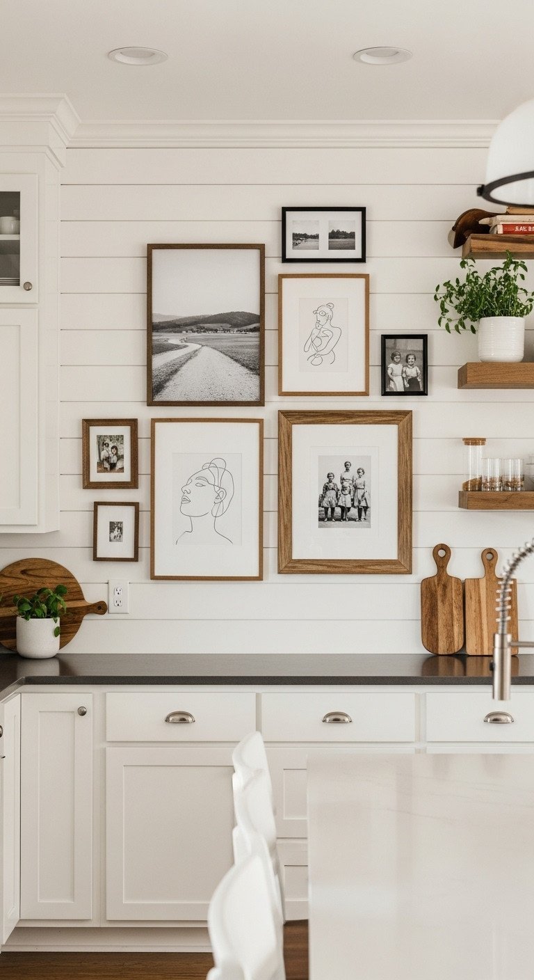 An eclectic gallery wall of mixed art in black, white, and wood frames adorns a shiplap wall in a cozy farmhouse kitchen.