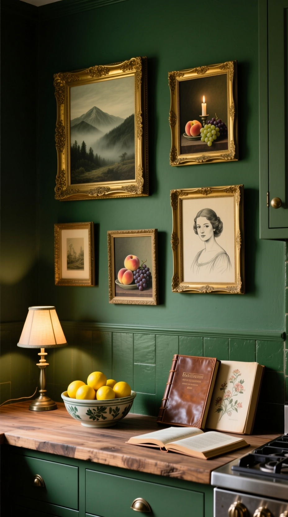 11 Diy Kitchen Wall Decor Ideas That Look High End 11 An eclectic gallery wall of vintage art prints in ornate gold frames hangs on a moody dark green kitchen wall for a cozy feel.