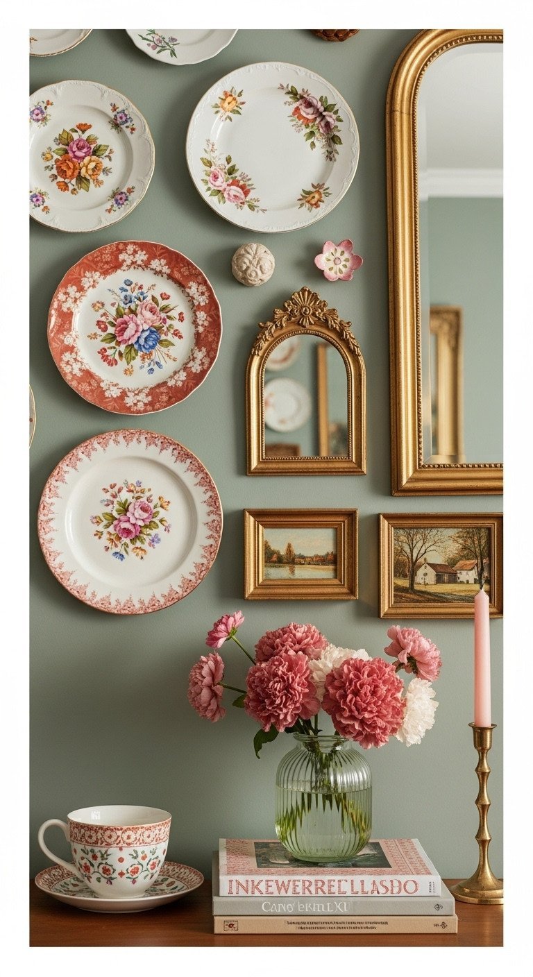 Stunning Plate Wall Decor And The Secrets To Hang It Right 17 An eclectic gallery wall on a sage green wall mixing vintage floral plates with framed art and a small gold antique mirror.