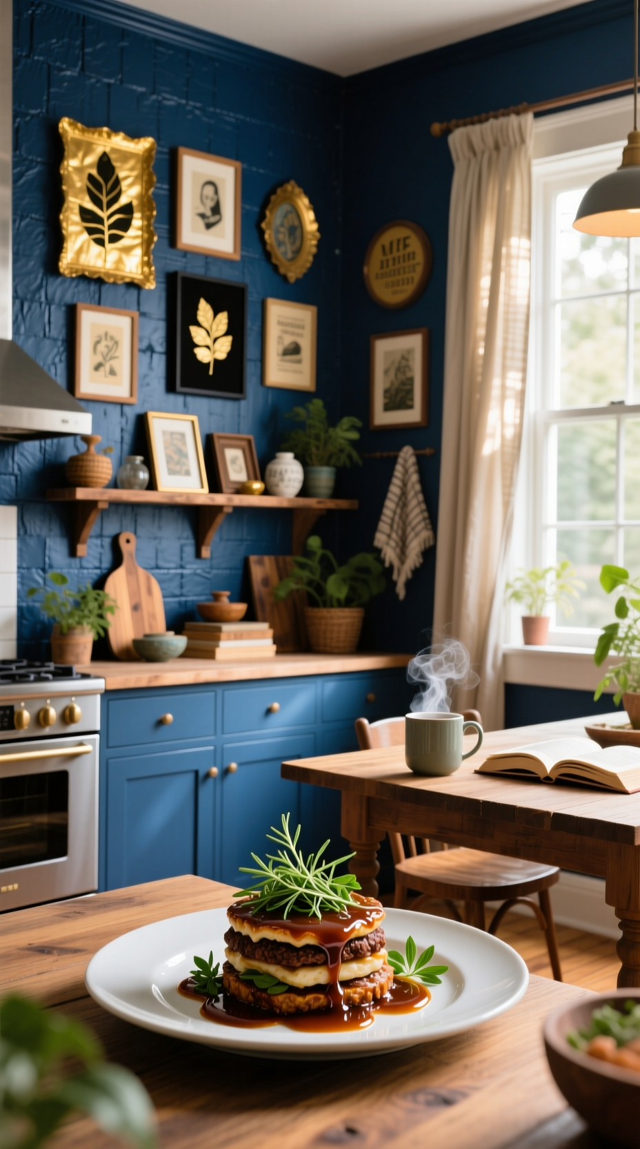 Stunning Vintage Kitchen Decor Ideas For A Charming Home 9 An eclectic gallery wall with mixed vintage art and gold frames creates a focal point on a navy blue kitchen wall.