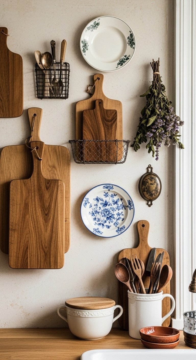 An eclectic kitchen gallery wall featuring wooden cutting boards, wire baskets, and utensils on a textured plaster wall.