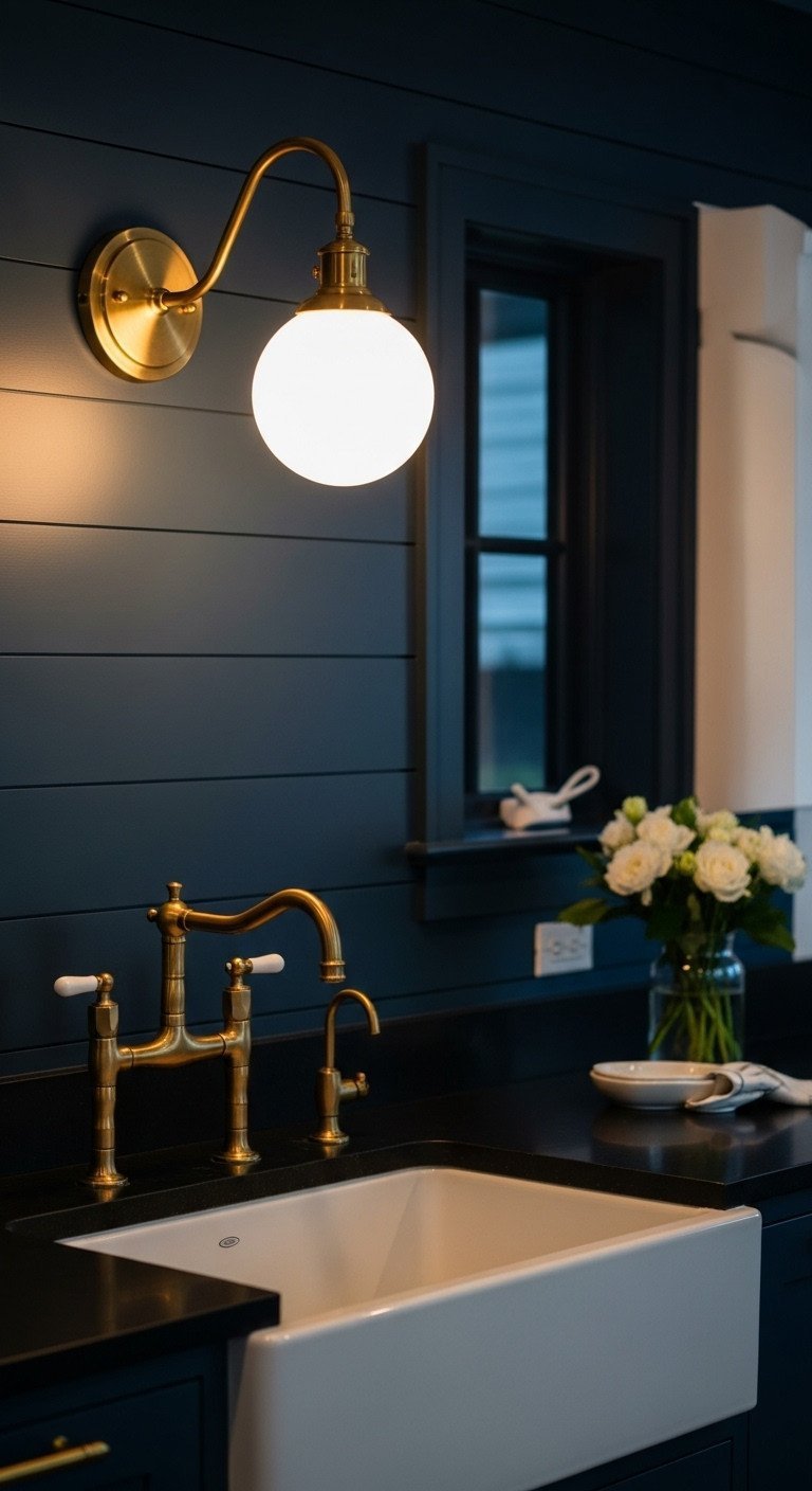 An elegant brass wall sconce with a white globe shade illuminates a navy blue shiplap wall above a farmhouse kitchen sink.