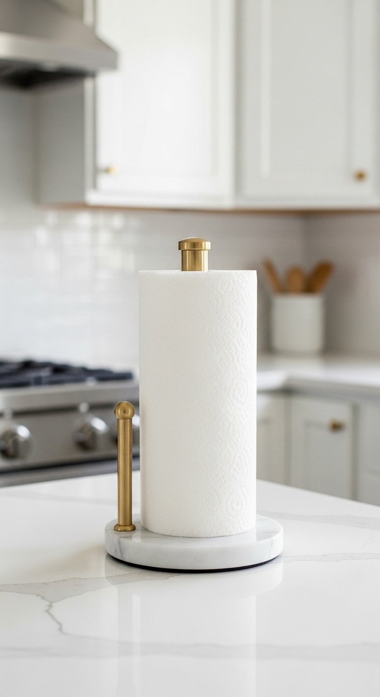 An elegant brushed gold paper towel holder with a solid white marble base sitting on a clean white quartz kitchen counter.