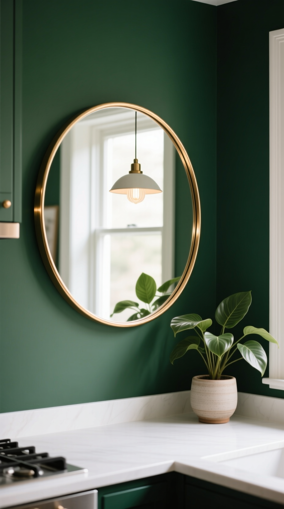 An elegant round mirror with a thin brass frame hanging on a dark green wall to brighten a small, stylish kitchen.