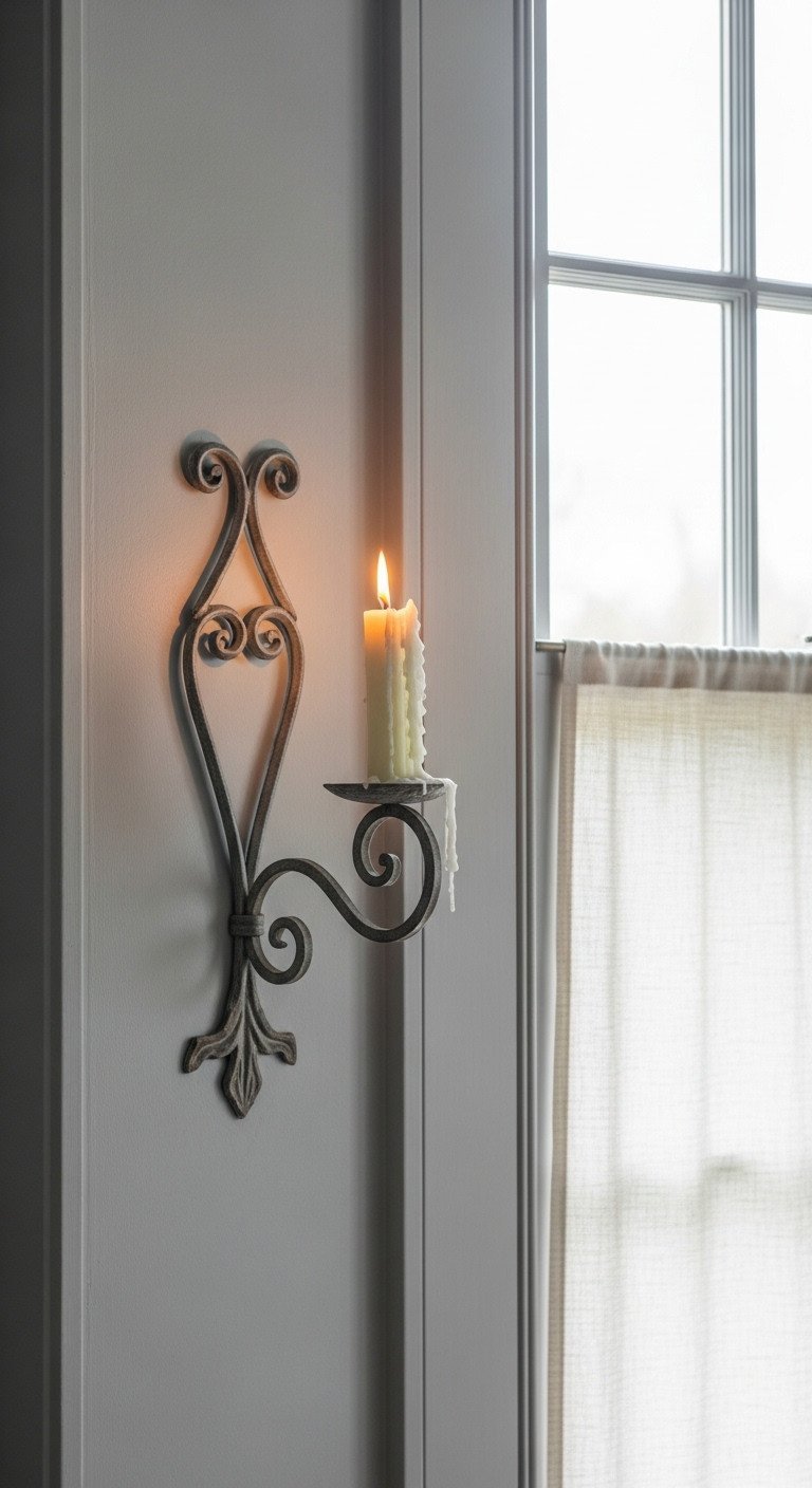 13 Stunning French Country Wall Decor Ideas For Your Kitchen 21 An elegant wrought iron candle sconce with a cream pillar candle is mounted on a gray wall next to a window.