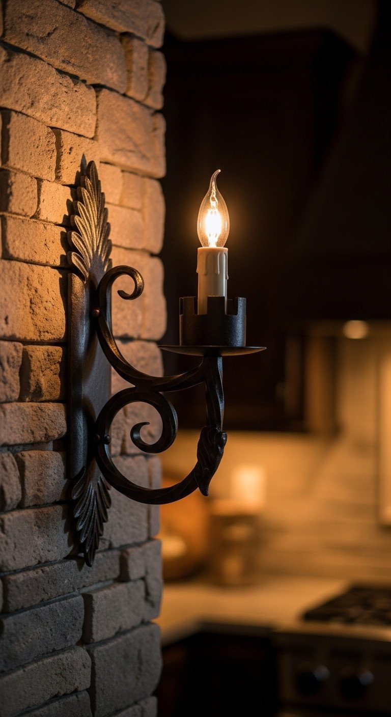 An elegant wrought iron wall sconce with a flickering LED candle casts a warm, ambient glow on a rustic faux stone wall.