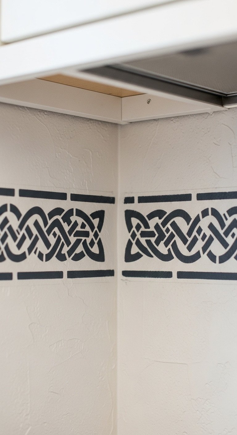 An intricate Celtic knot border is stenciled in dark charcoal gray paint along the top of a textured cream kitchen wall.