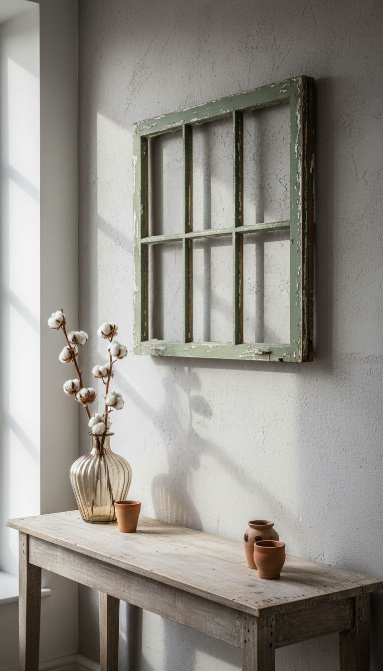 An old, chippy-paint vintage window frame hangs horizontally as wall art on a gray plaster wall above a small console table.