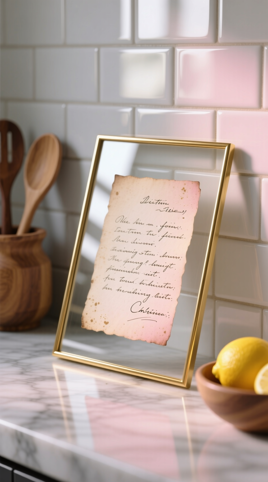An old handwritten recipe card in a floating glass frame with a thin brass border, leaning on a subway tile backsplash.