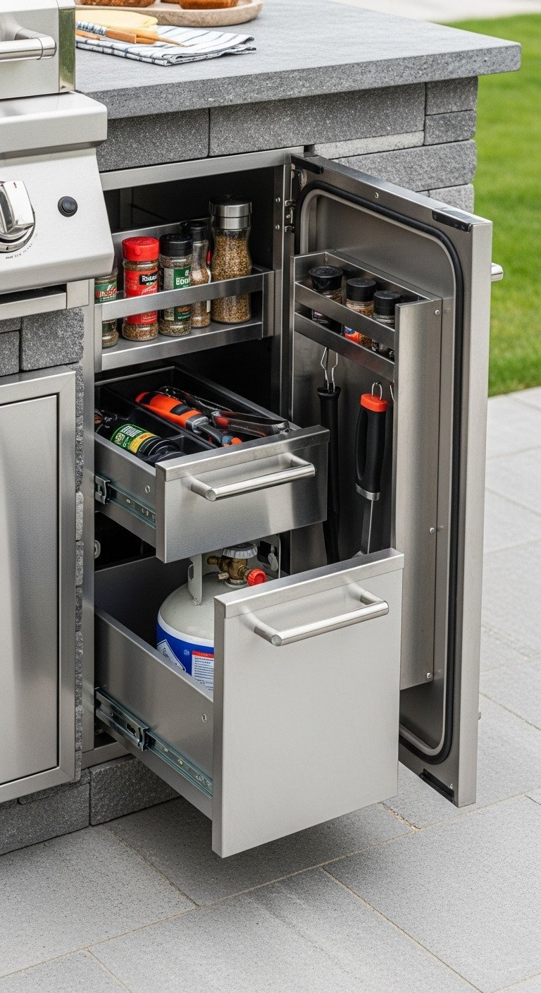 Brilliant Outdoor Kitchen Design Plans To Avoid Costly Mistakes 13 An open stainless steel drawer in an outdoor kitchen island revealing neatly organized grilling tools and spice bottles.