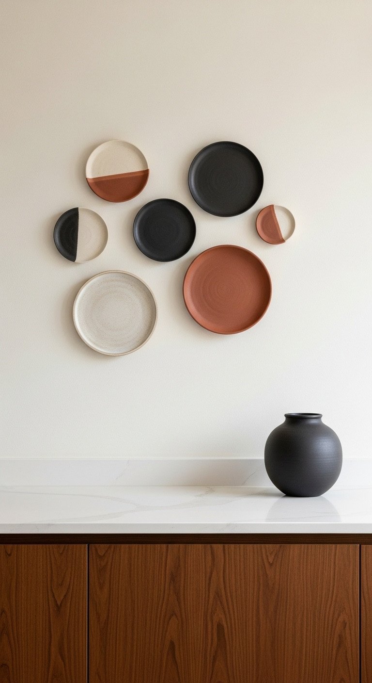 An organic modern gallery wall of five handcrafted ceramic plates in earthy tones, arranged on a kitchen wall.