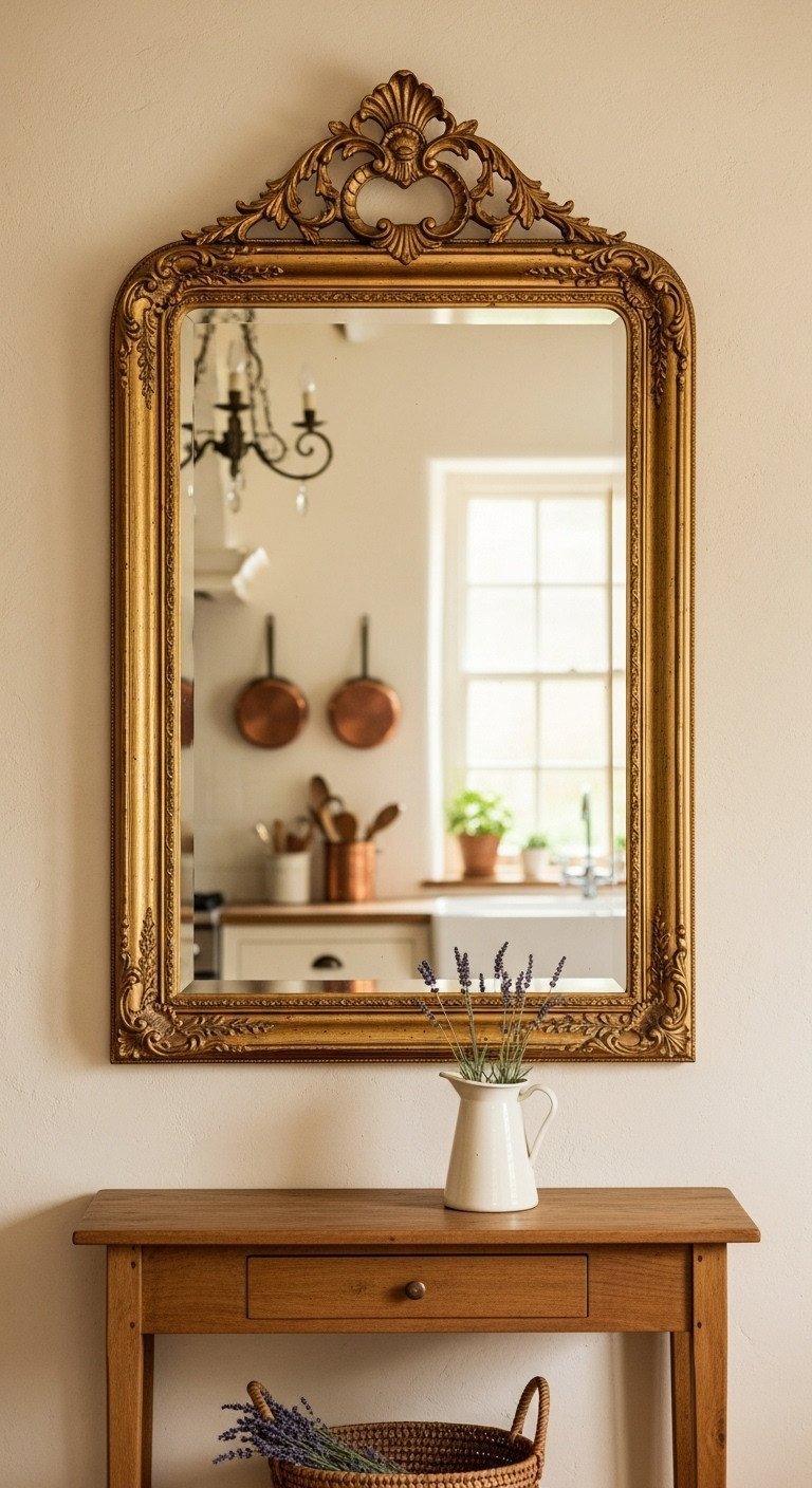 13 Stunning French Country Wall Decor Ideas For Your Kitchen 1 An ornate antique gold mirror with detailed carvings hangs on a cream plaster wall in a cozy French country kitchen.