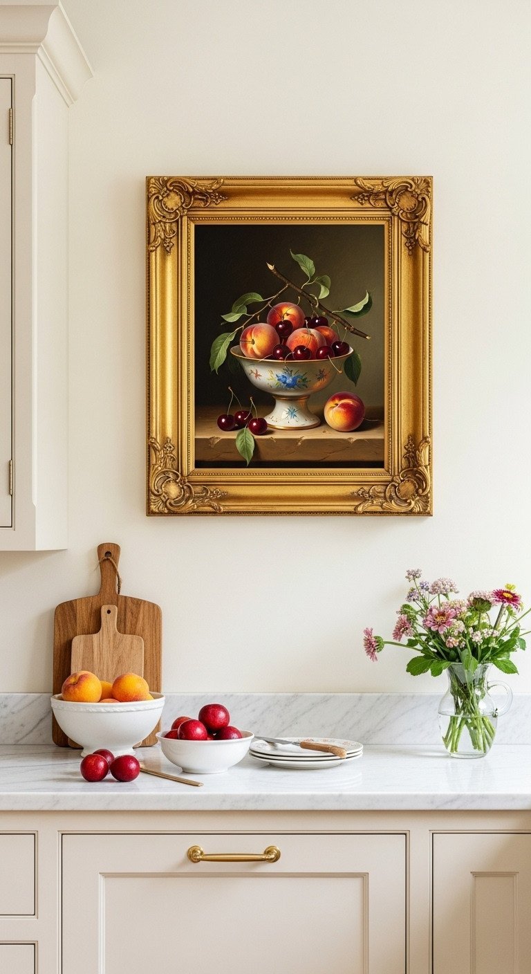 11 Traditional Kitchen Wall Decor Ideas To Get The Look Right 1 An ornate gold frame holds a still life oil painting of peaches and cherries, hanging on a cream wall in a traditional kitchen.