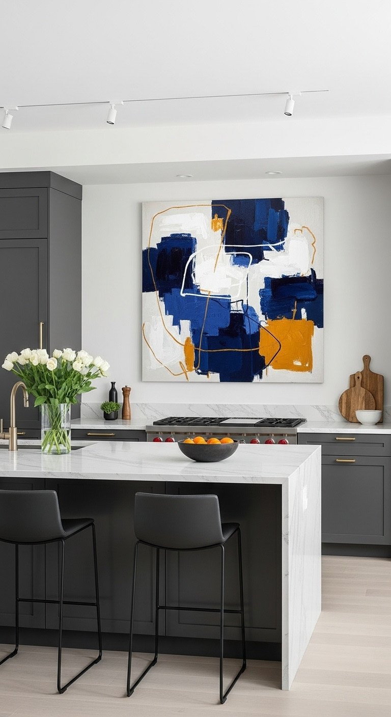 An oversized abstract canvas painting in blue, white, and ochre serving as a focal point in a sleek modern kitchen.