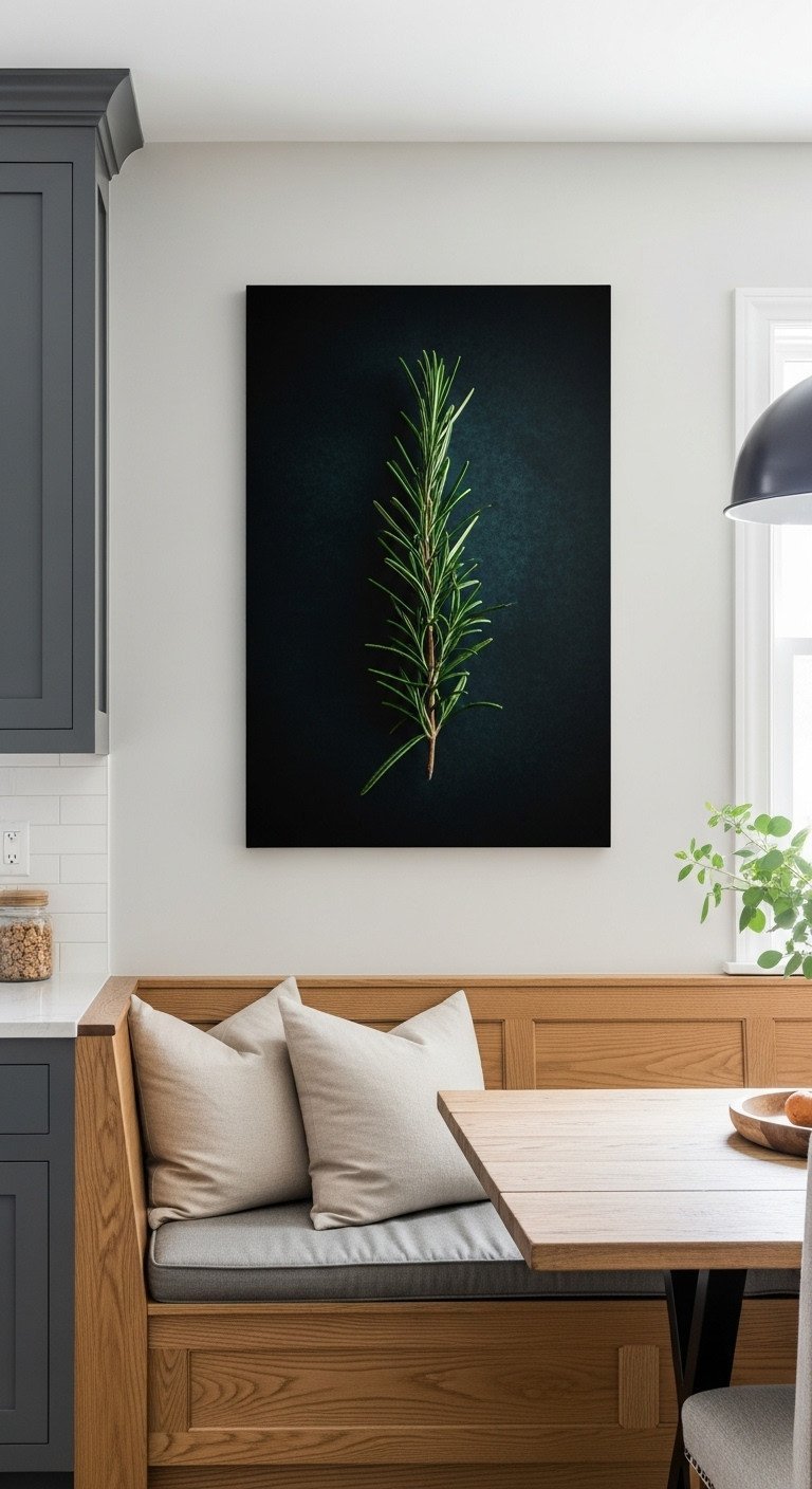 An oversized canvas print of a rosemary sprig on a dark background hangs on a charcoal wall in a moody dining nook.