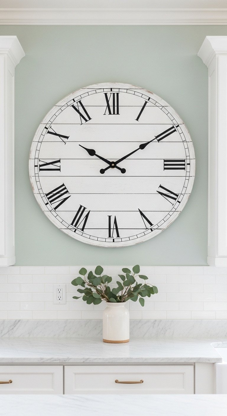 An oversized modern farmhouse clock with a distressed white shiplap face and black Roman numerals on a sage green kitchen wall.