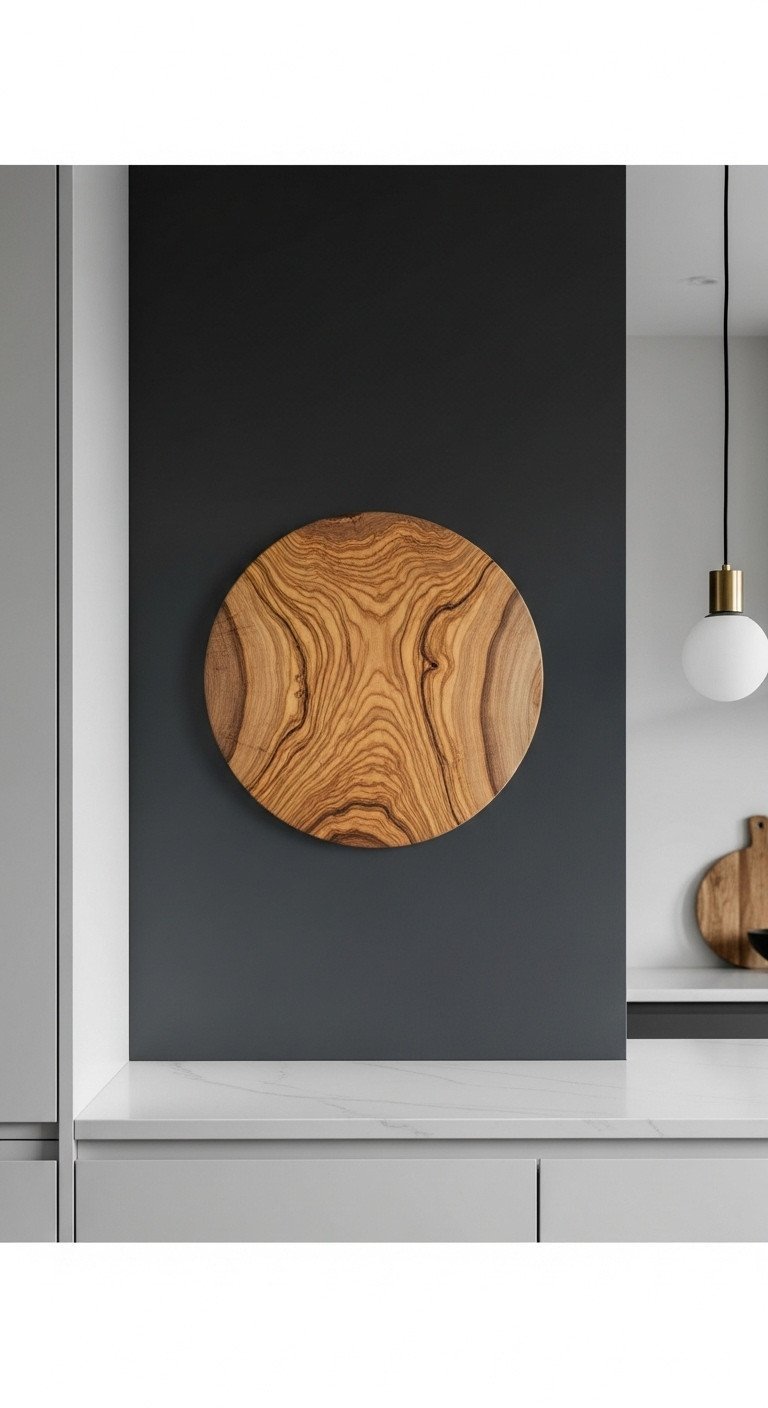 An oversized round olive wood cutting board with a dramatic grain hung as focal point wall art on a charcoal gray wall.