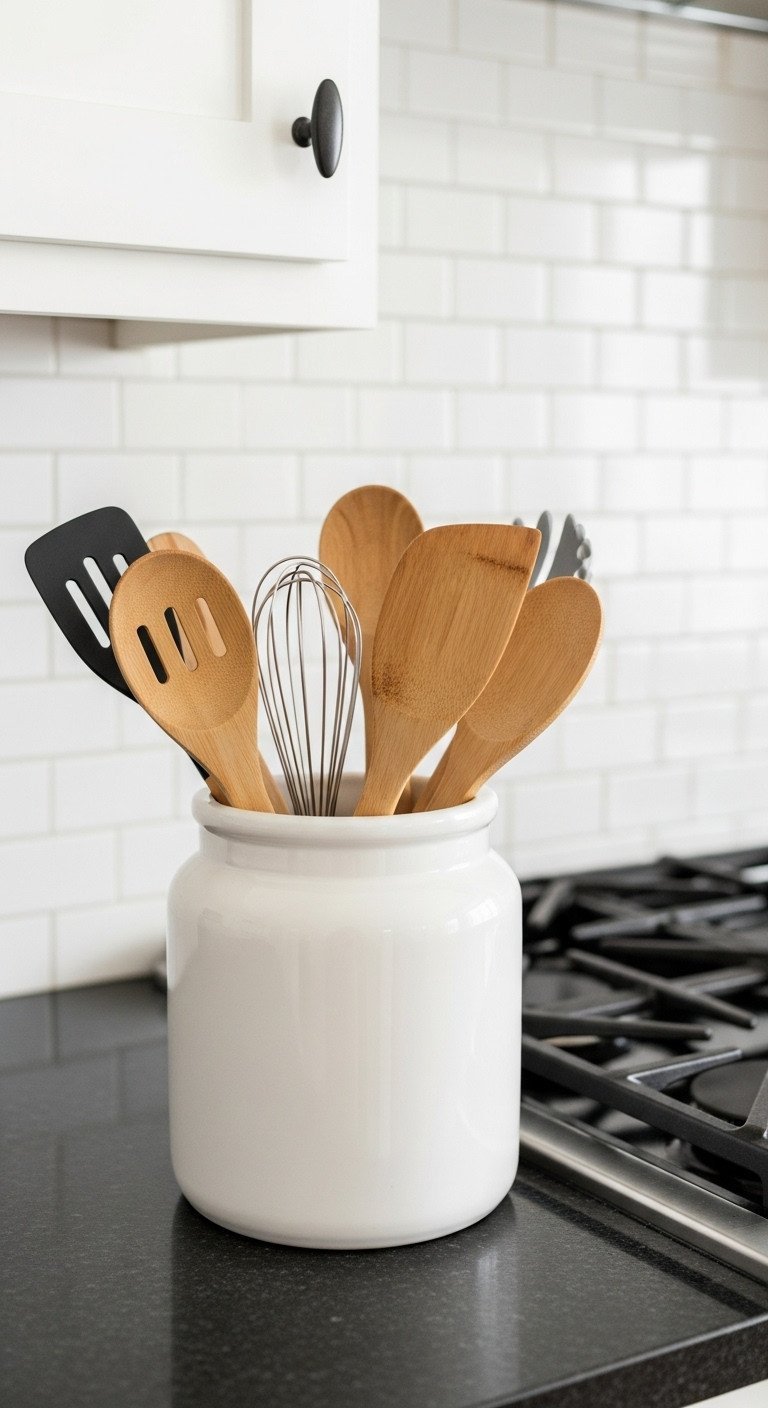 An oversized white ceramic utensil crock filled with wooden spoons and spatulas on a dark granite counter next to a stove.