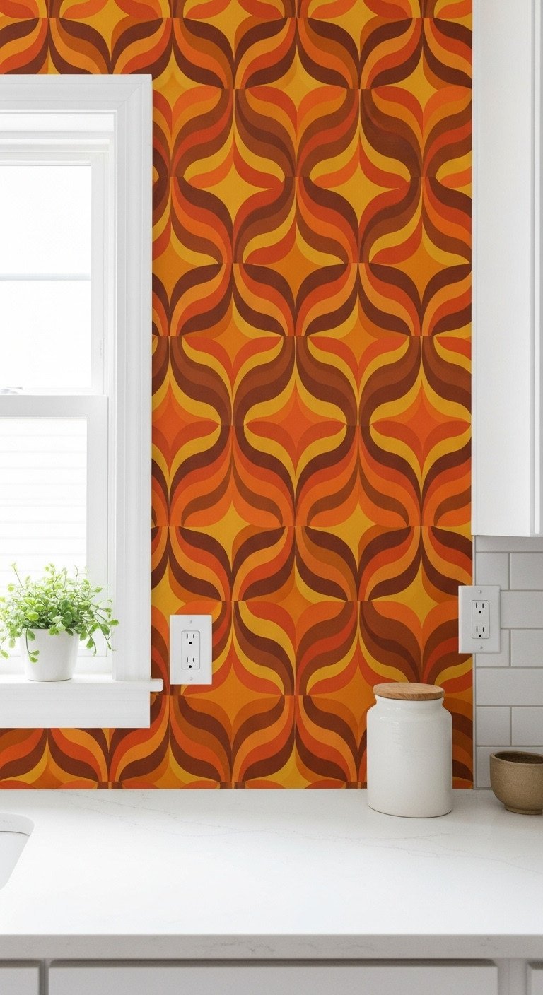 Angle shot of a modern kitchen accent wall with 70s geometric wallpaper in orange, gold, and brown above a countertop.