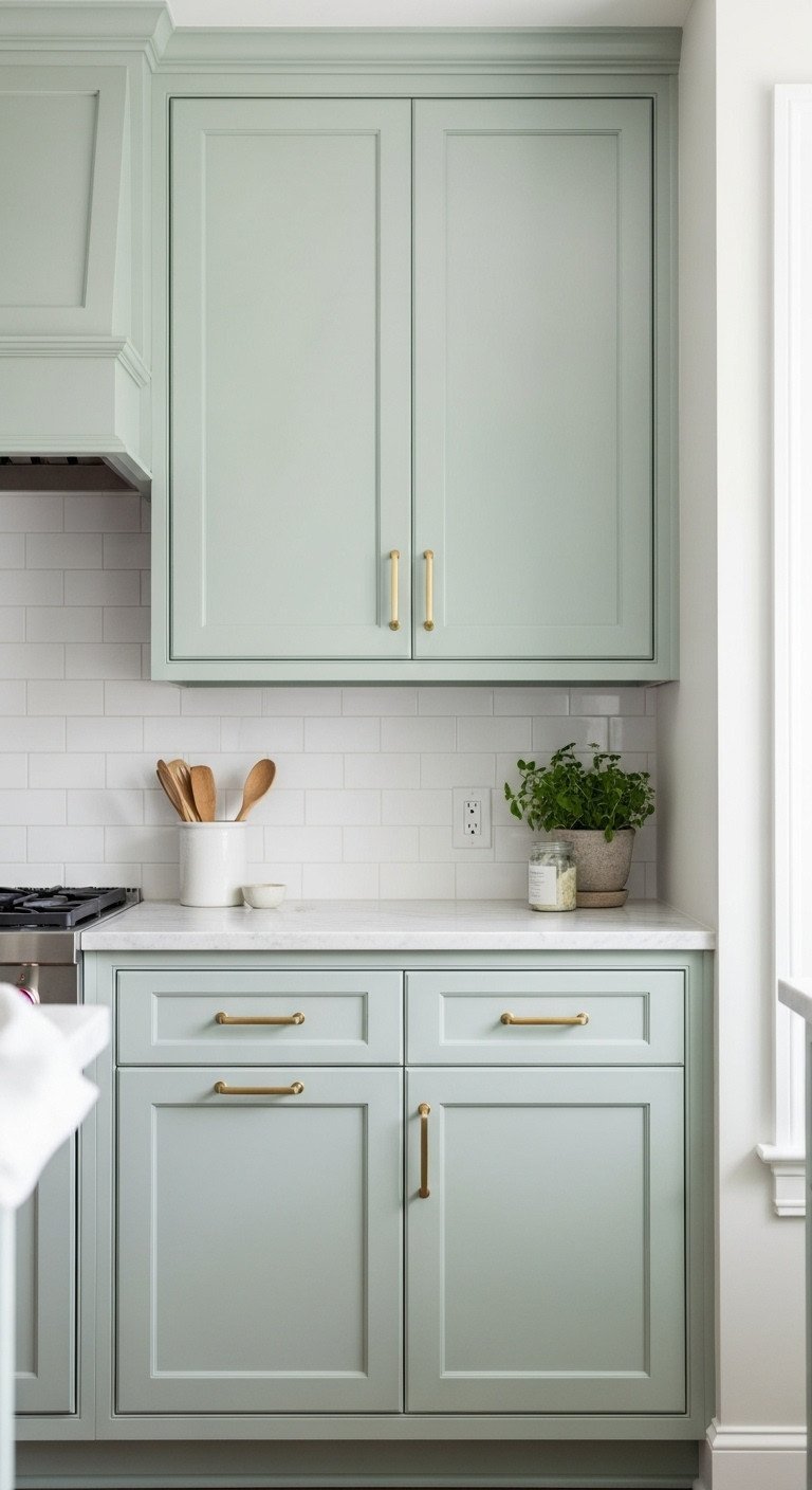 Angle shot of beautifully painted sage green kitchen cabinets with modern minimalist brass hardware against a white tile backsplash.