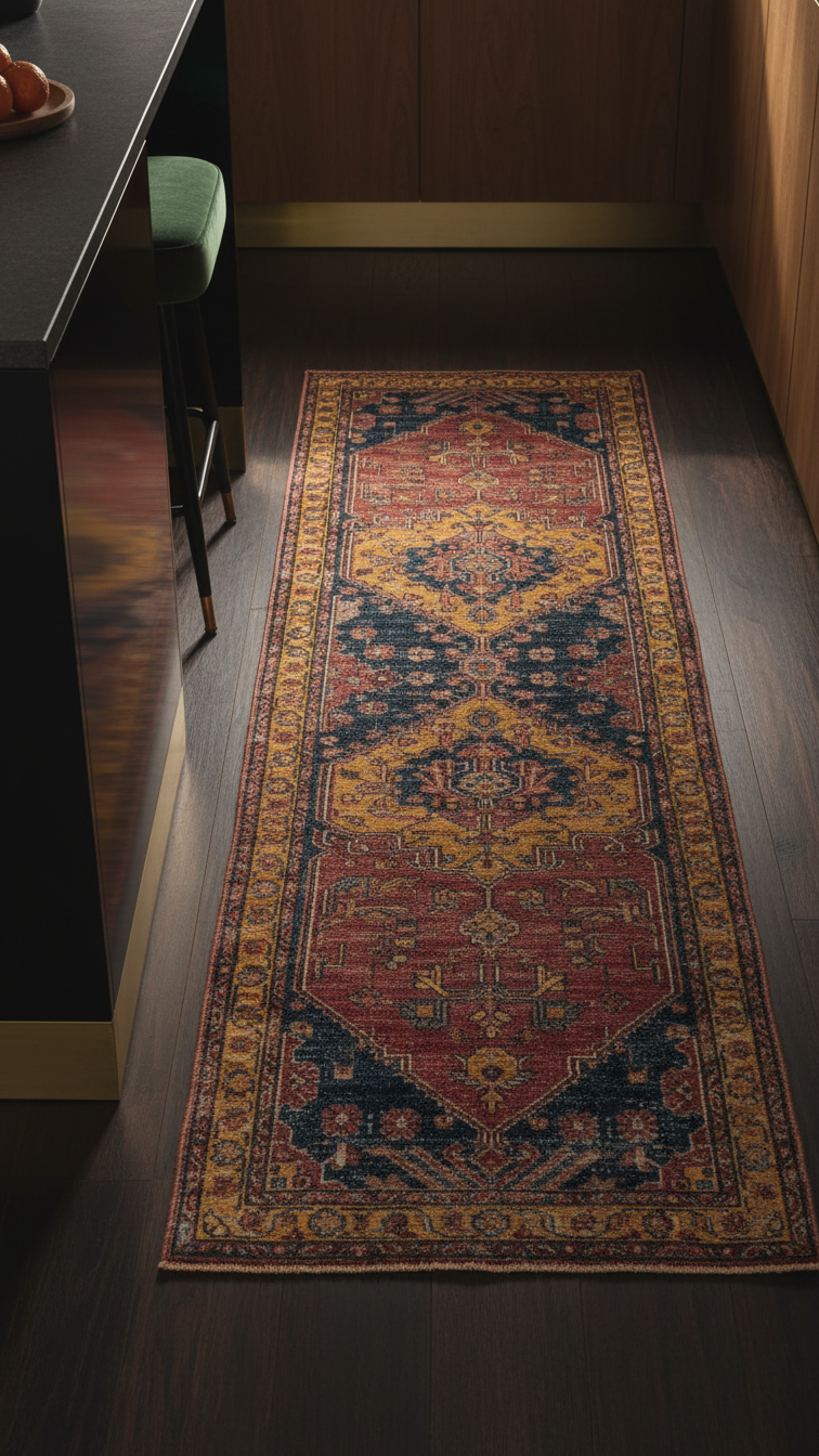 Boho Moody Kitchen: Ultimate Guide &Amp; Stunning Design Ideas 7 Antique Persian kitchen runner rug in muted burgundy/navy on dark wood flooring, front of a black kitchen island with velvet stool.