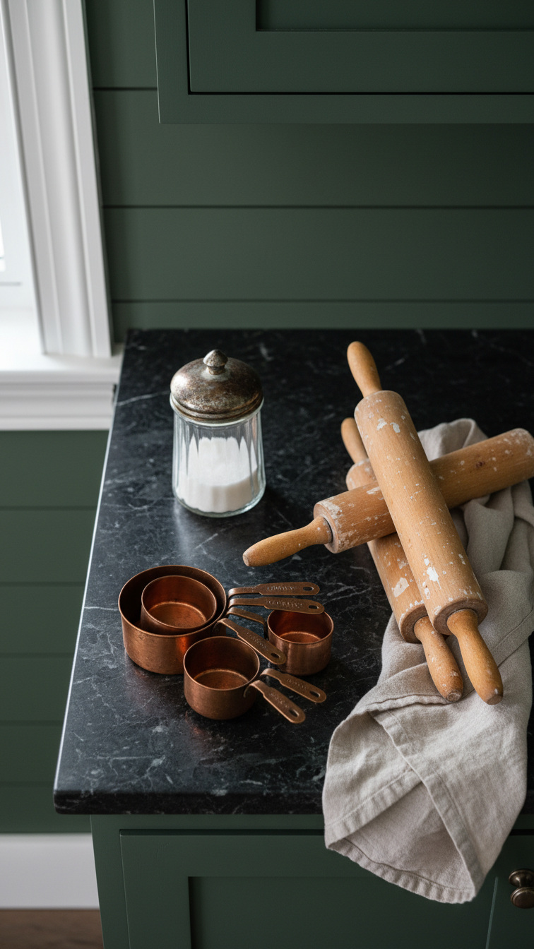 Antique brass and copper measuring cups, vintage sugar dispenser, and wooden rolling pins on a dark marble counter.