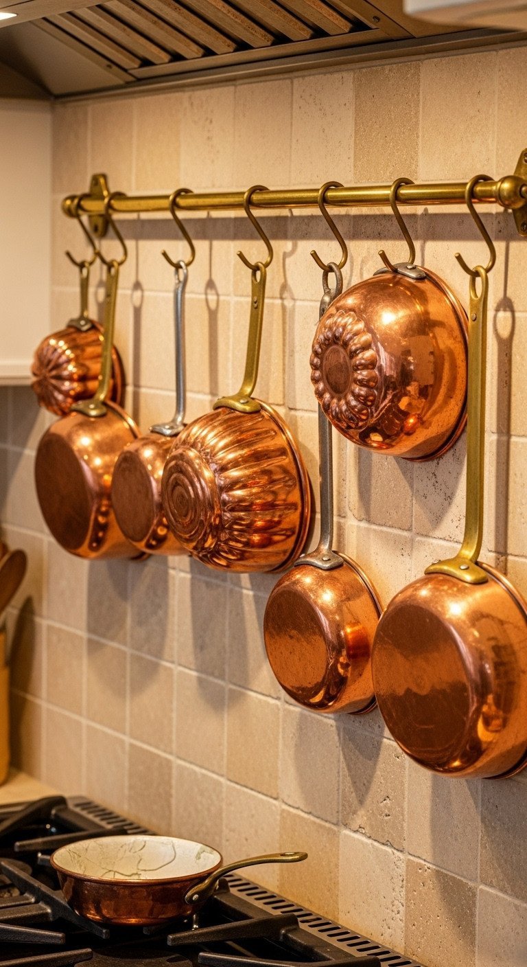 11 Traditional Kitchen Wall Decor Ideas To Get The Look Right 19 Antique copper molds and pans with a warm patina hang from a brass rail on a beige travertine kitchen wall above a stove.