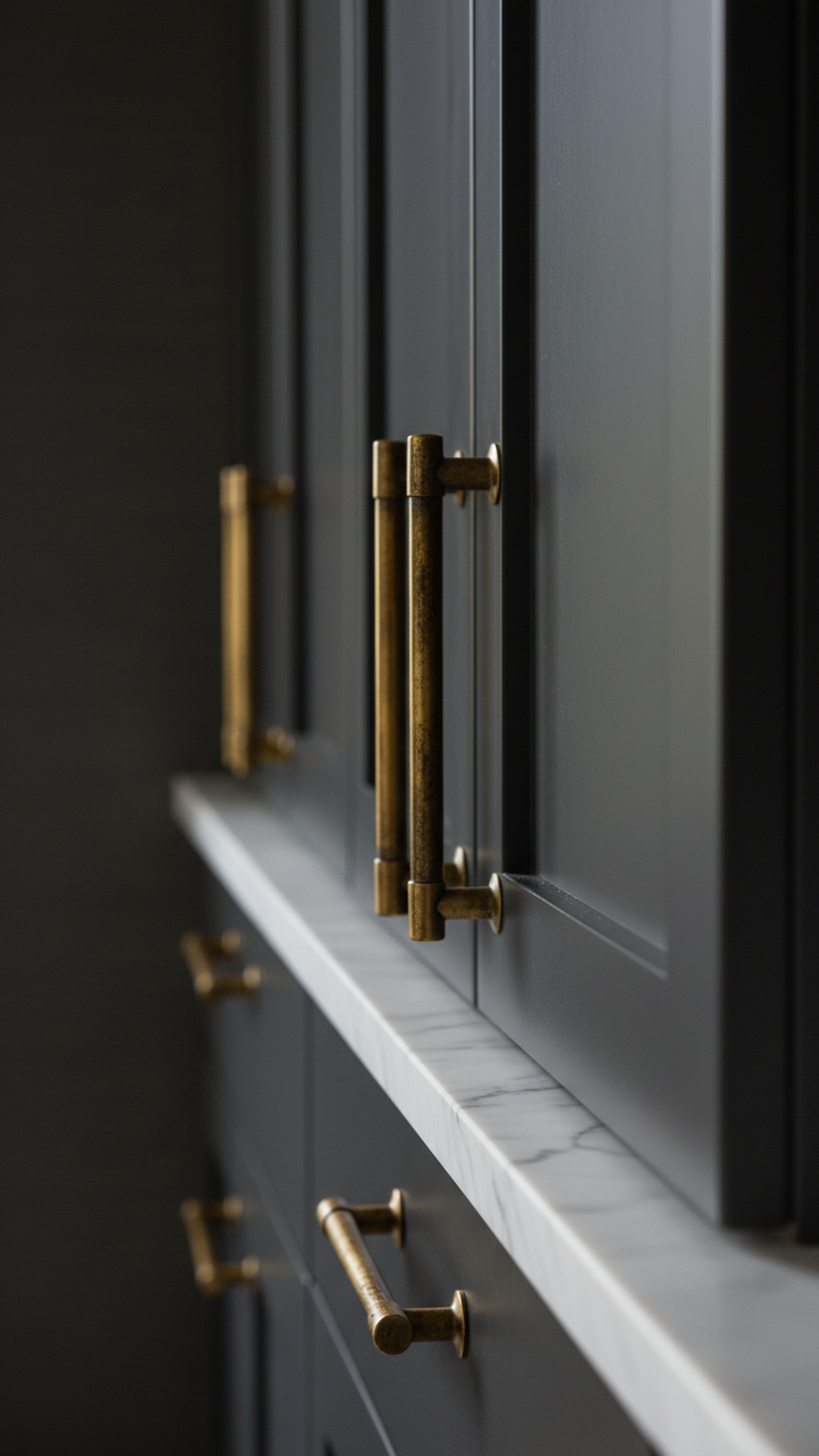 Antiqued brass kitchen hardware with patina on sleek dark cabinetry. Elegant, sophisticated kitchen pulls and knobs for modern design.