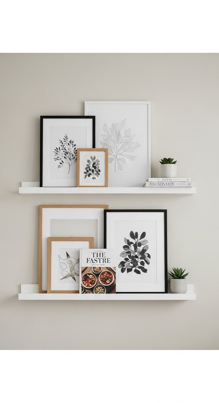 Apartment kitchen with a damage-free gallery wall using two white picture ledges layered with frames, art, and a book.