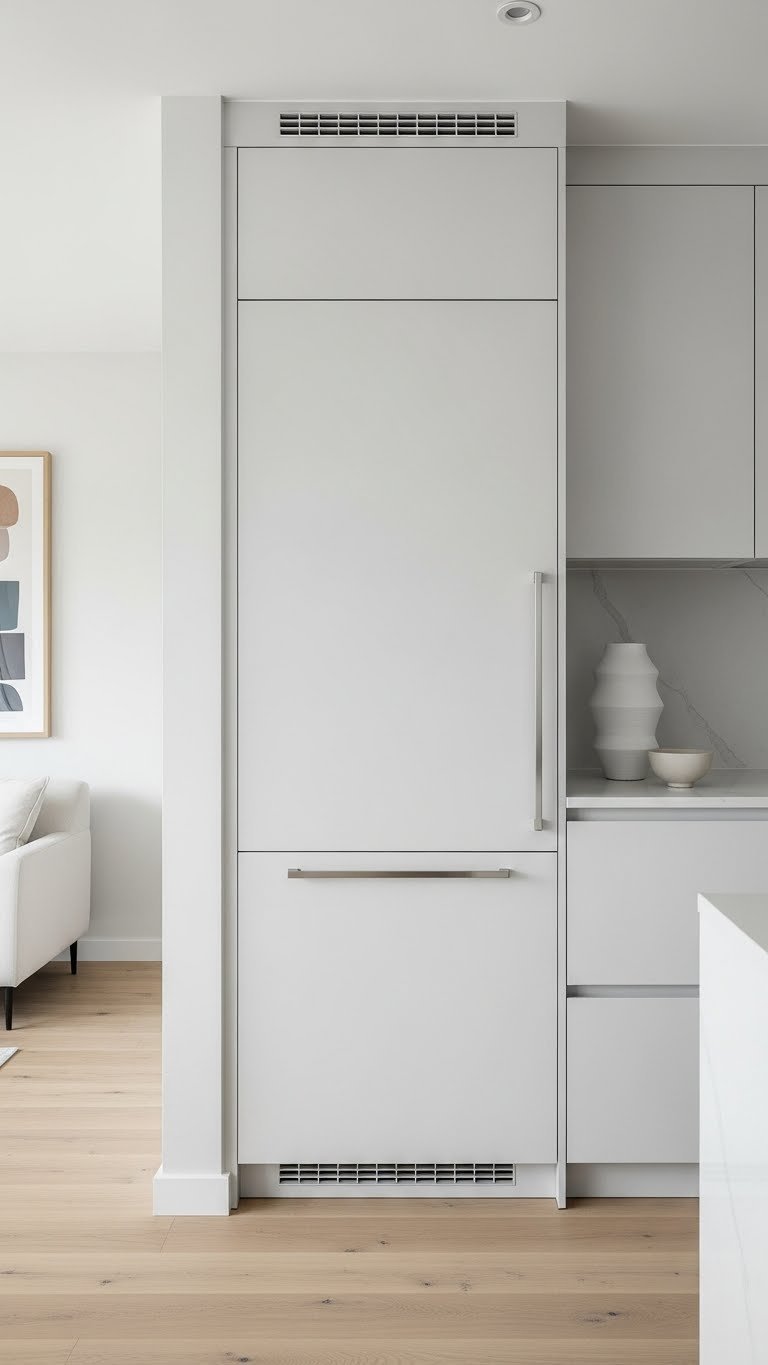 Appliance garage with handleless doors conceals kitchen mess in a clean, organized open concept kitchen. Light wood floor.