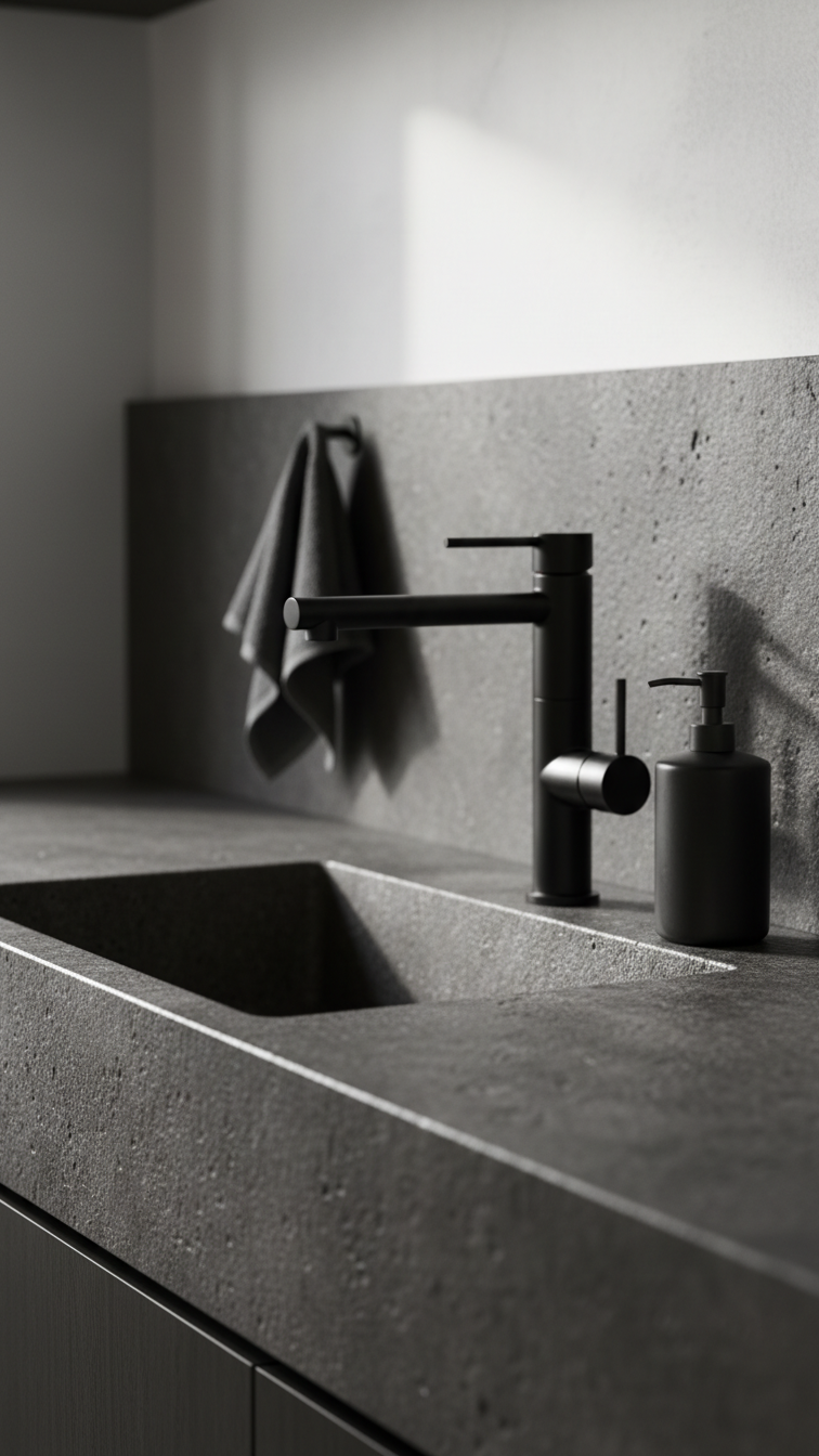 Architectural matte black faucet against a dark stone backsplash and raw sink in a sophisticated Japandi kitchen, clean lines.