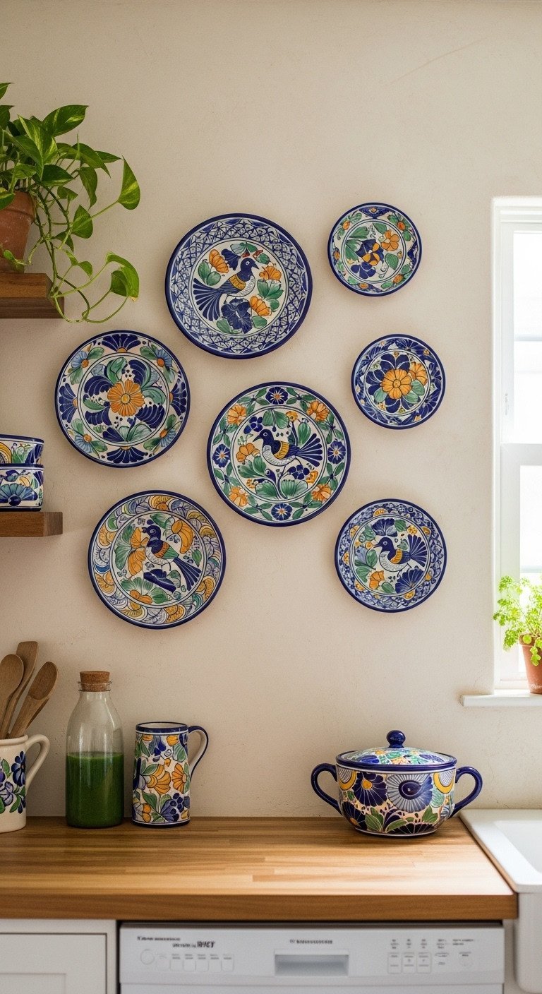 11 Stunning Mexican Kitchen Decor Ideas For A Tasteful Home 3 Artful gallery wall of hand-painted Mexican ceramic plates with floral and bird designs on a warm off-white kitchen wall.