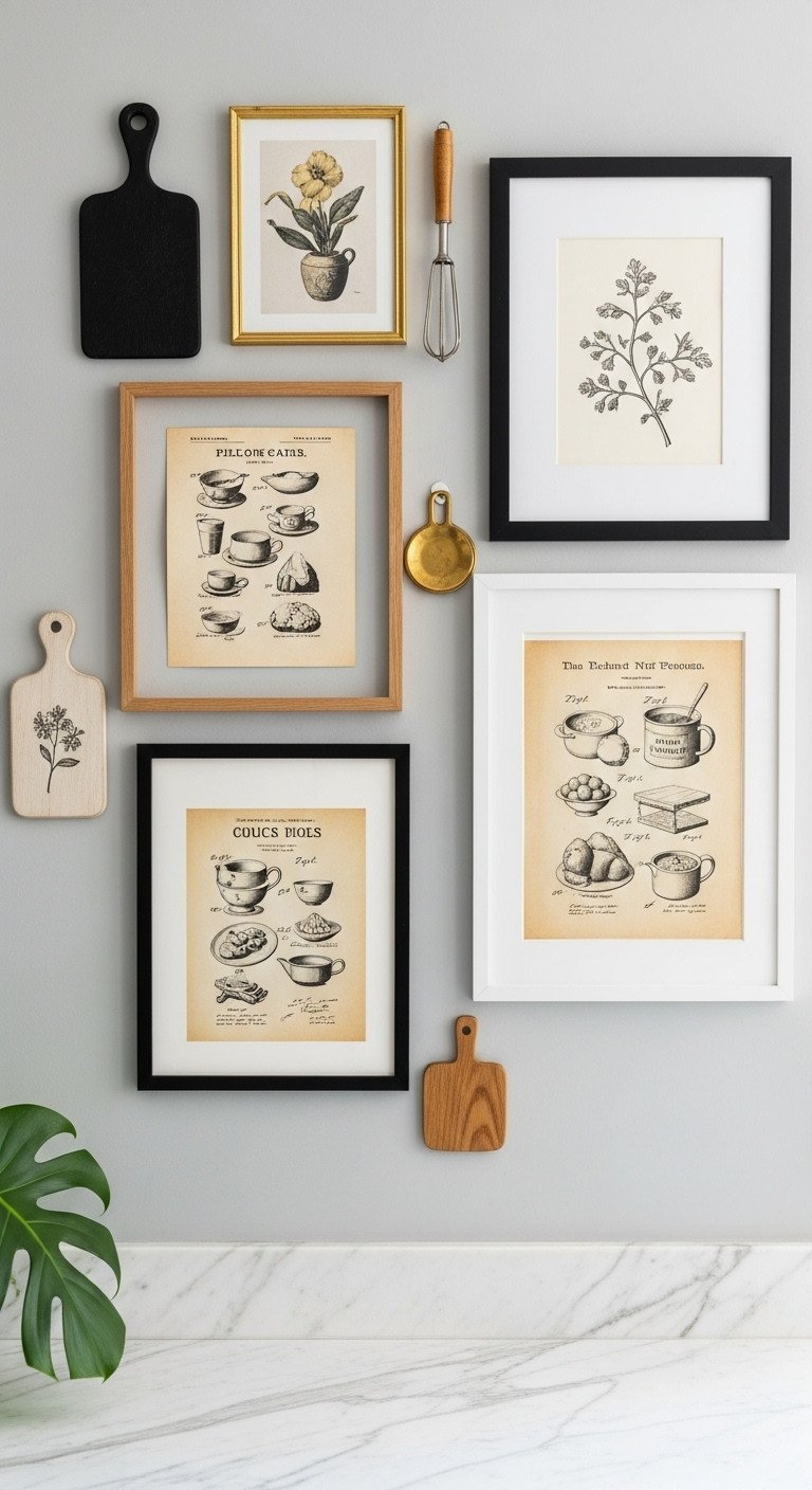 11 Smart Empty Kitchen Wall Ideas For Style And Storage 1 Artfully arranged kitchen gallery wall with vintage cooking prints in black, wood, and brass frames on a light gray wall.