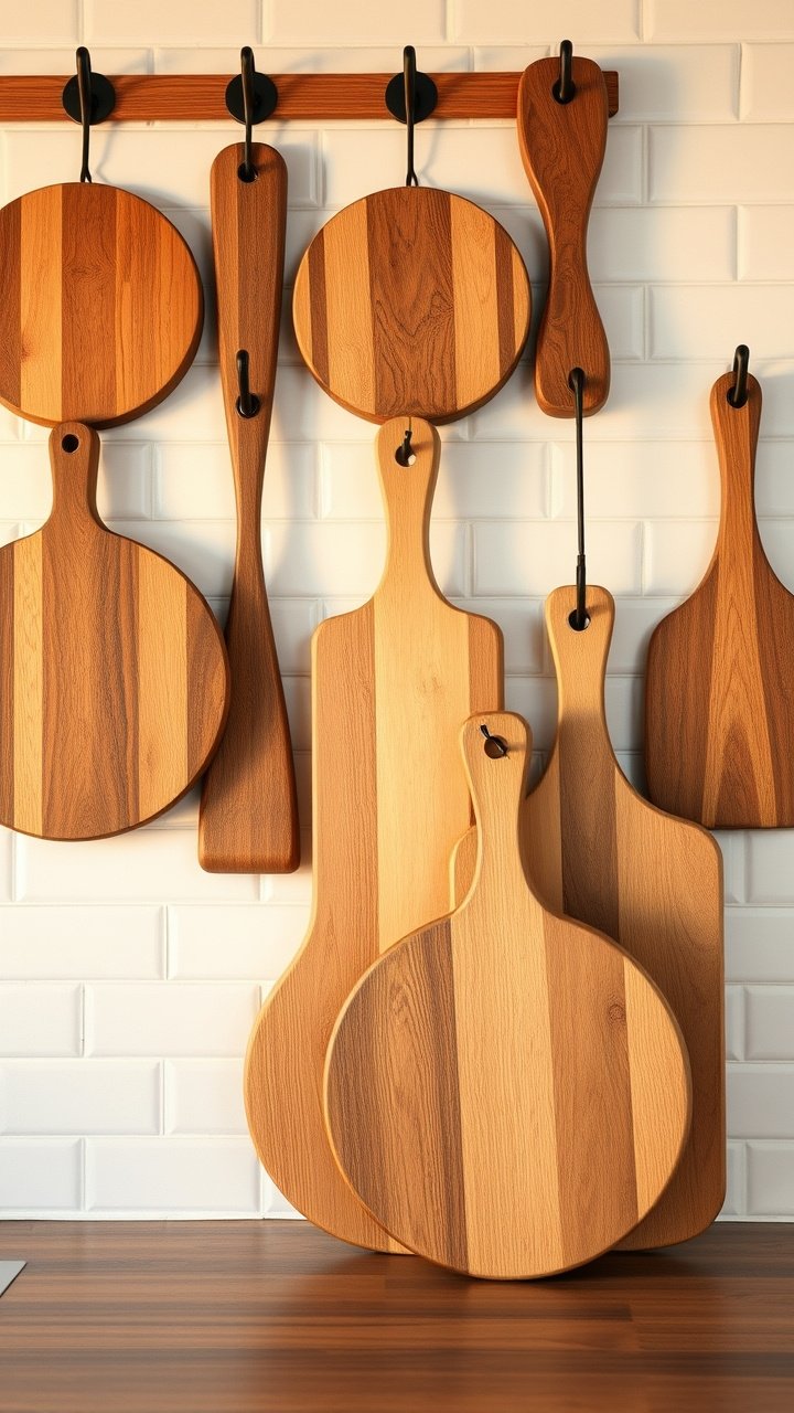 9 Brilliant Kitchen Wall Art Ideas And How To Hang Them 5 Artfully arranged wooden cutting boards of various shapes and tones hanging from hooks on a white subway tile farmhouse kitchen wall.