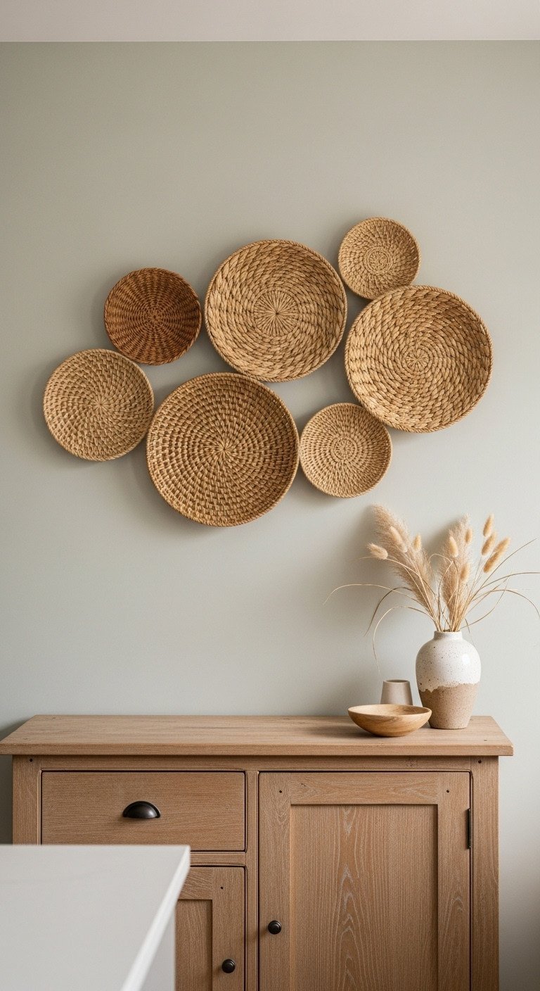 Asymmetrical cluster of seven woven wall baskets in natural textures on a sage green kitchen wall above a rustic wood sideboard.
