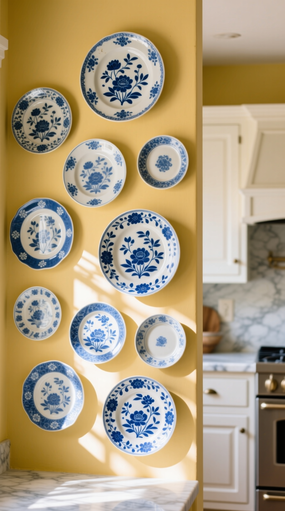 Asymmetrical cluster of vintage blue and white chinoiserie plates mounted on a soft yellow wall in a classic kitchen.