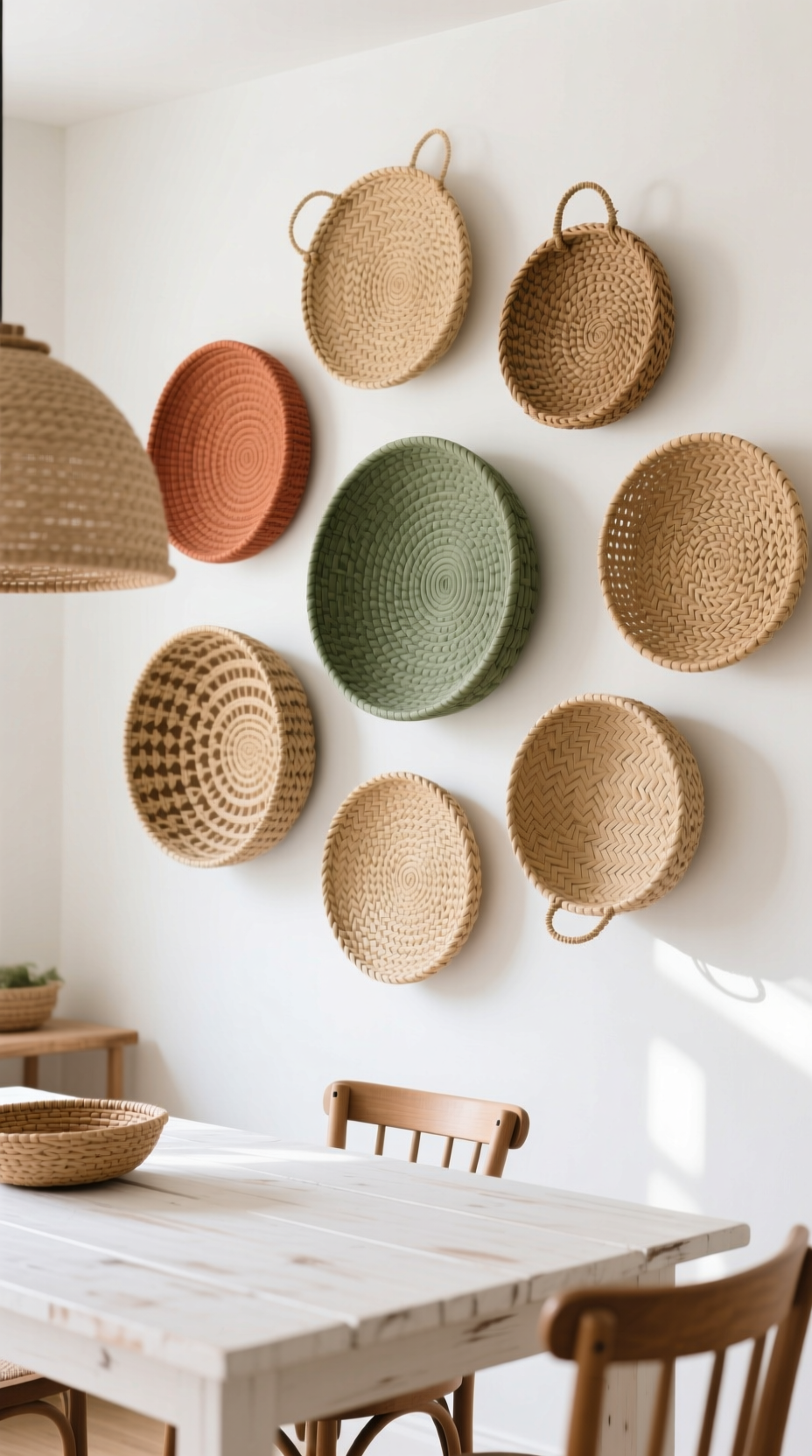 Kitchen Wall Decor That Looks Perfect Above Your Table 10 Asymmetrical collection of seven round woven seagrass and rattan wall baskets creating a textural focal point on a wall.