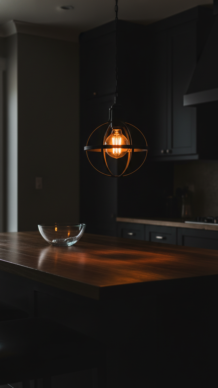 Atmospheric kitchen decor: antique dark metal pendant light with warm Edison bulb, casting chiaroscuro shadows on a dark island.