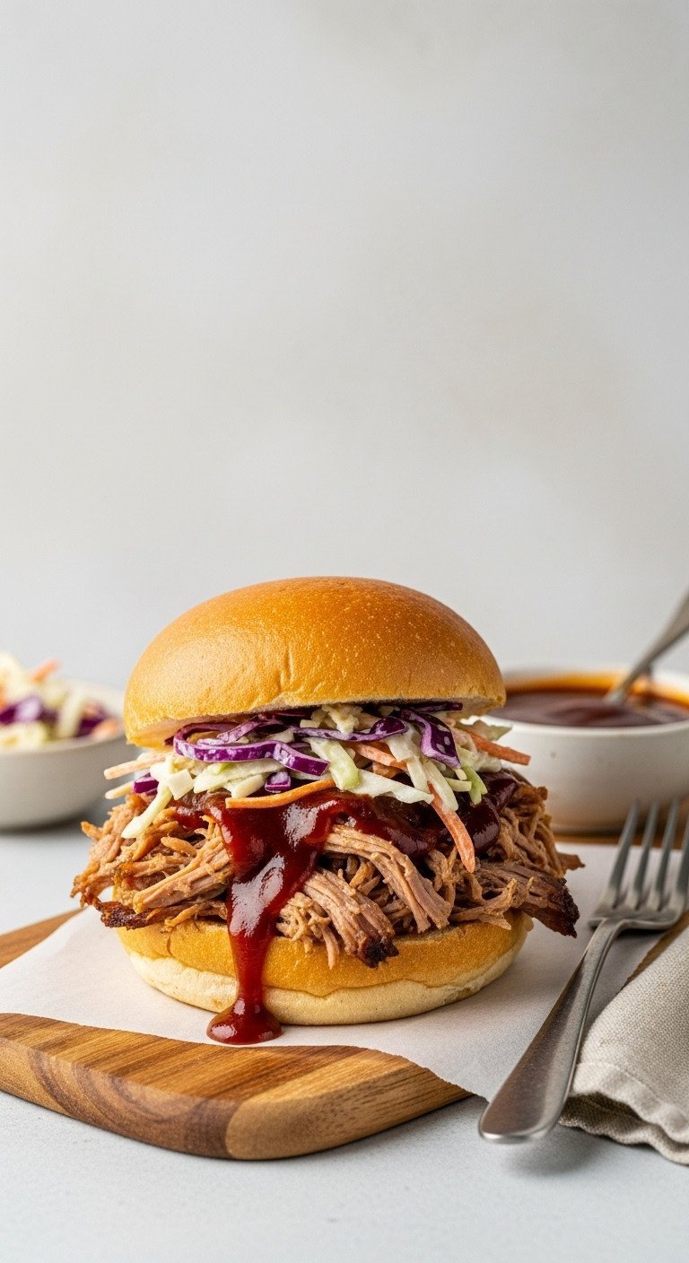 BBQ Pulled Pork recipe: tender shredded pork, smoky sauce, fresh coleslaw on rustic bun, wooden cutting board.