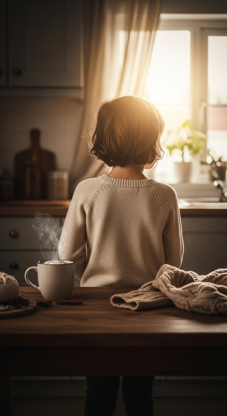 Backlit family portrait in cozy kitchen, soft window light creating halo effect, hot cocoa, knit sweater. Warm, intimate mood.