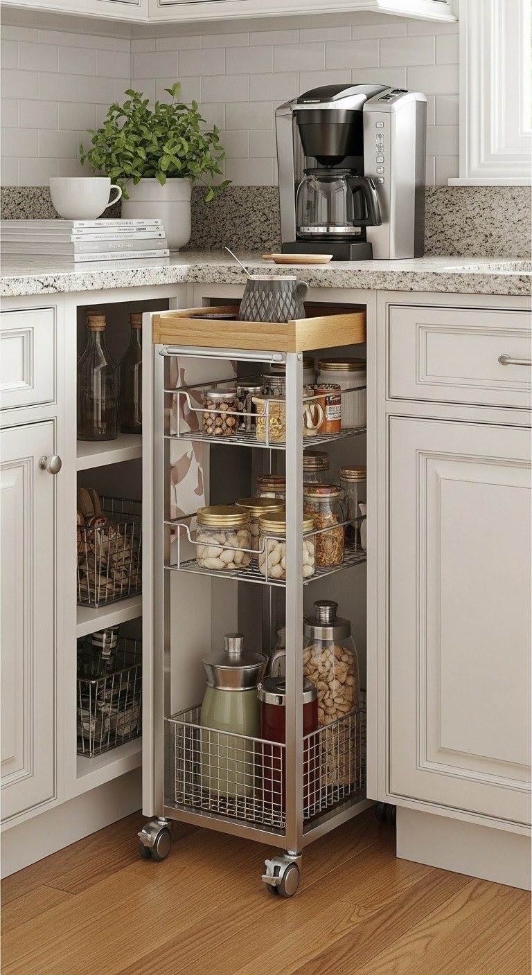 9 Non Modular Kitchen Organization And Decor Secrets 15 Beautifully styled open wooden kitchen shelves displaying curated white ceramic plates, vase, and brass objects, soft natural light.