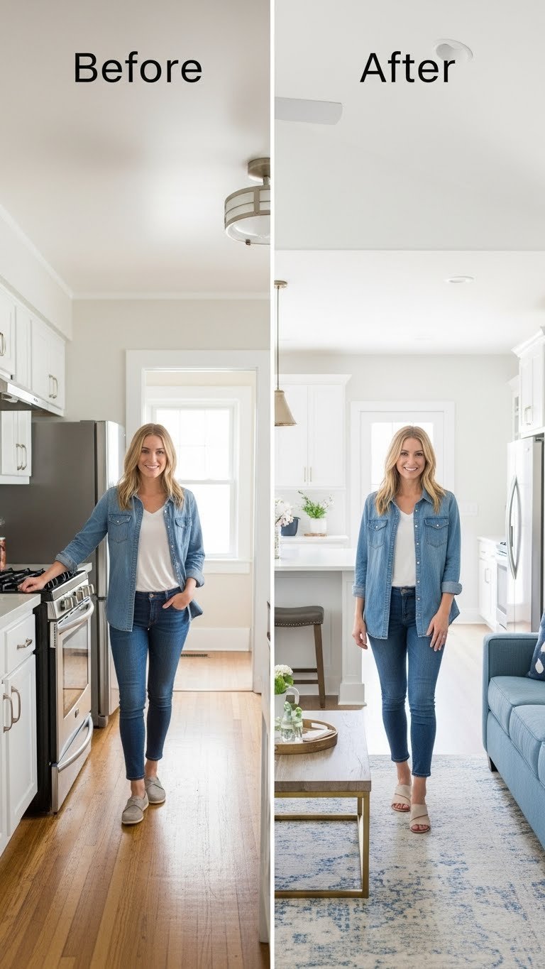 Before & After: cramped kitchen and living room transformed into a bright, spacious open concept with modern design and natural light.