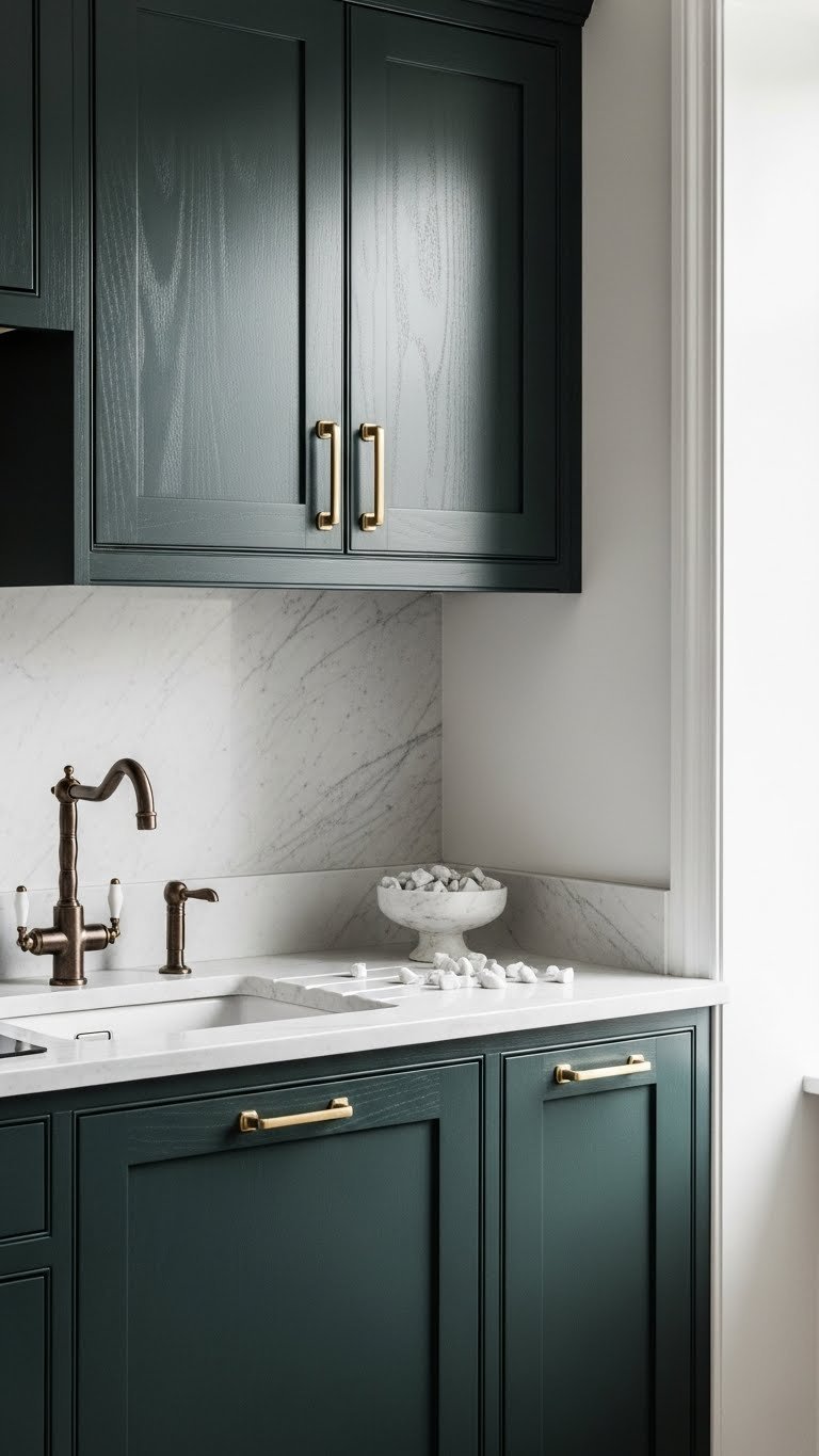Bespoke dark emerald green shaker cabinets with thin gold pulls, dark bronze faucet, and white marble chips on a textured wall.