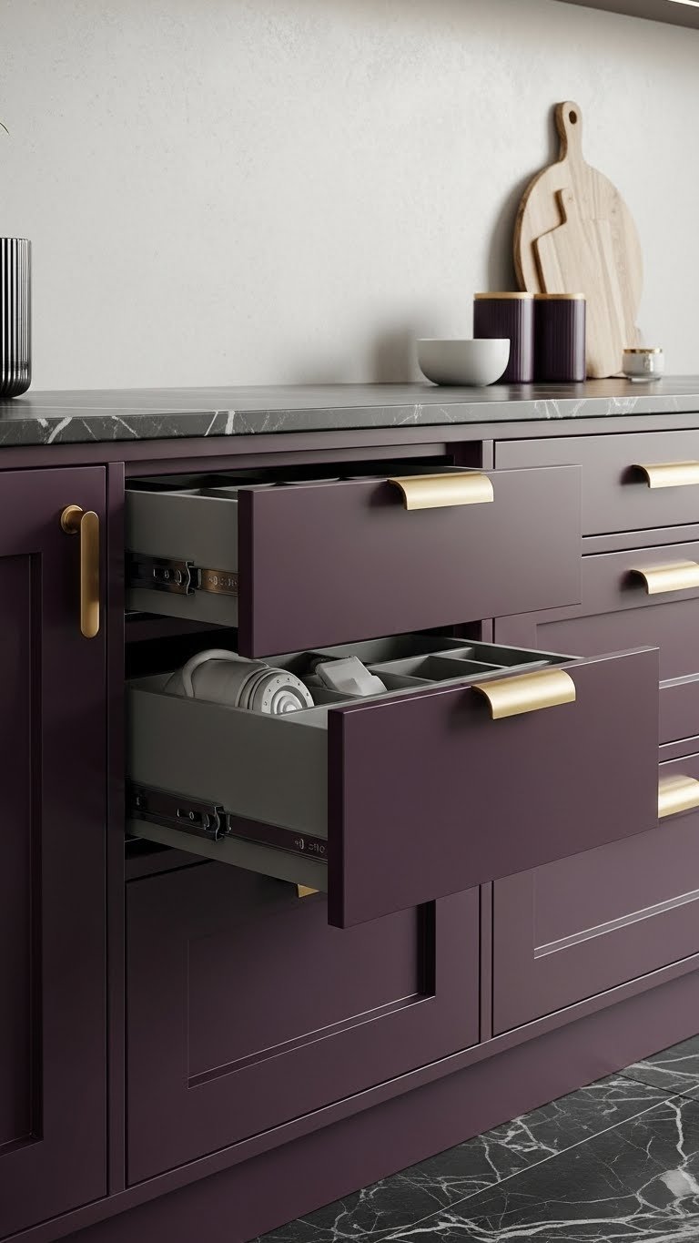 Bespoke deep burgundy kitchen cabinetry with custom gold hardware, integrated charging, and drawer dividers for luxury.