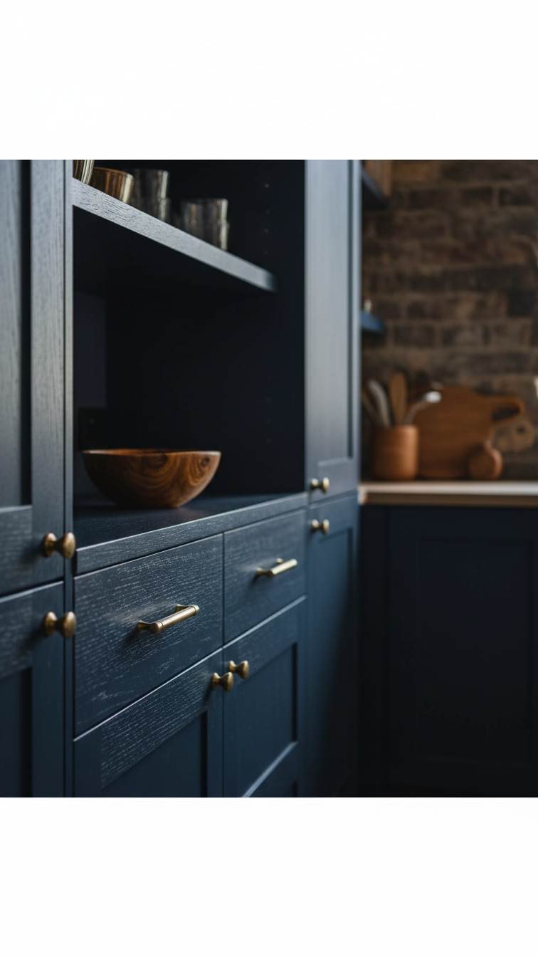 Bespoke midnight blue kitchen cabinetry, textured finish, sleek brass hardware; a moody, inviting high-end kitchen design.